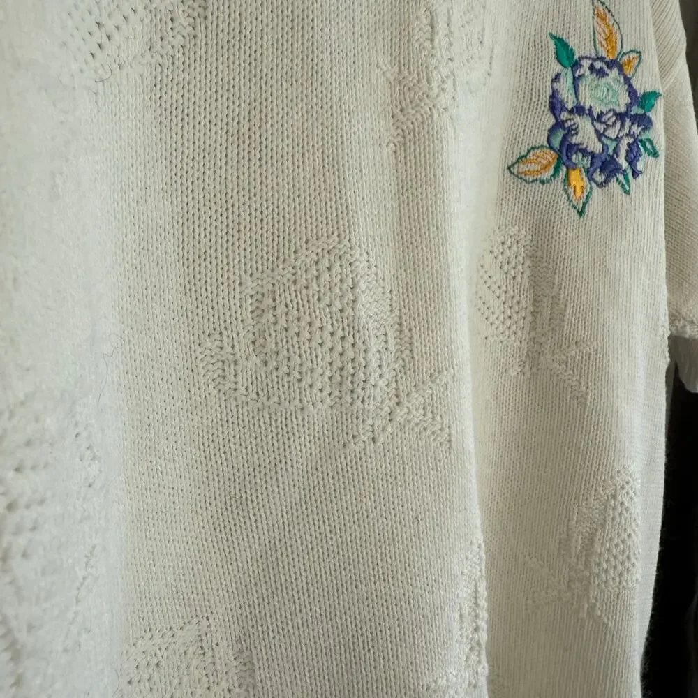 Vintage Worthington Sweater 80s Floral Embroidery Hearts Kitsch Cute Size Medium